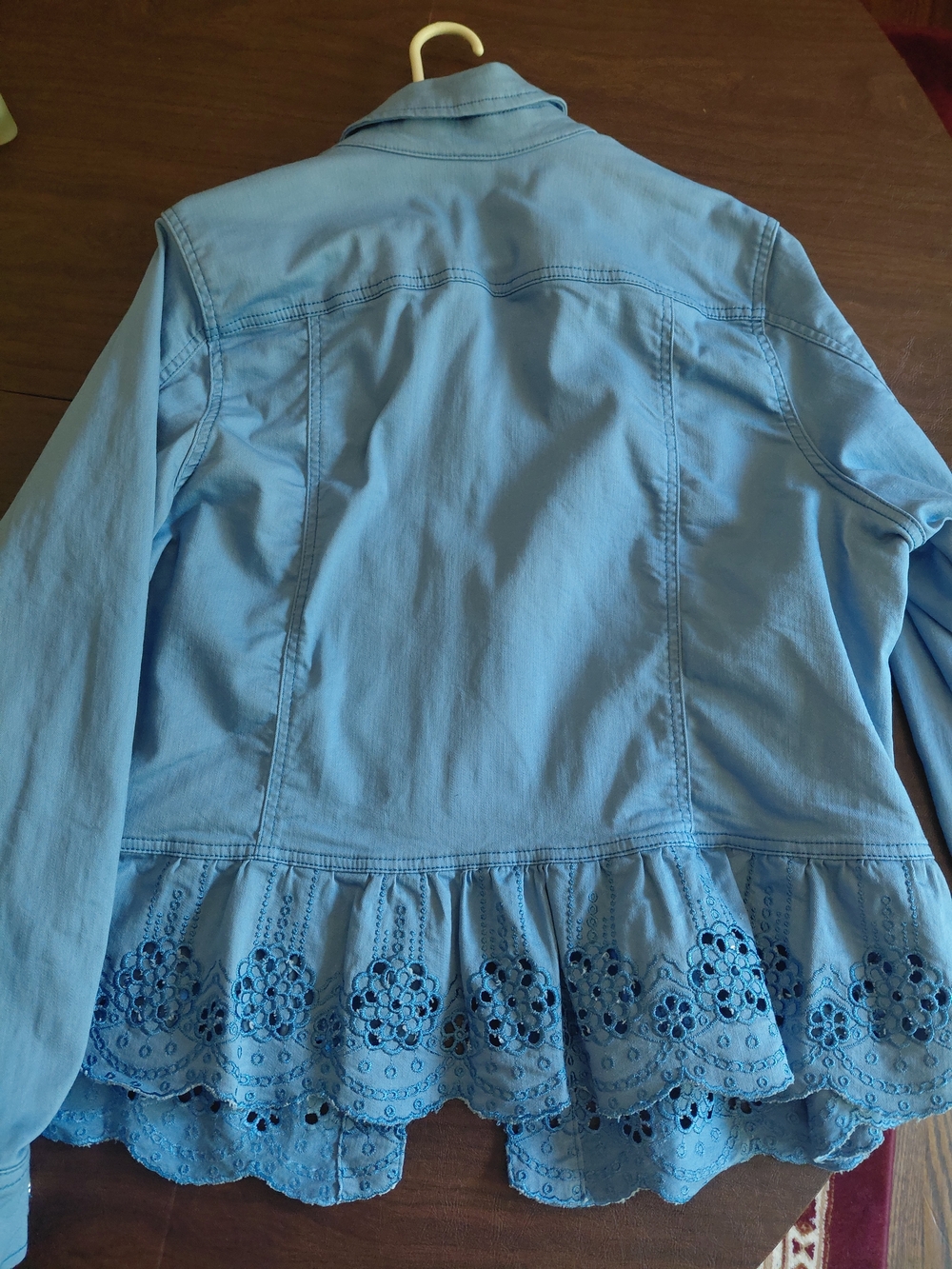 Susan Graver Light Blue Embroidered-Hem Women's Jacket - Picture 6 of 11